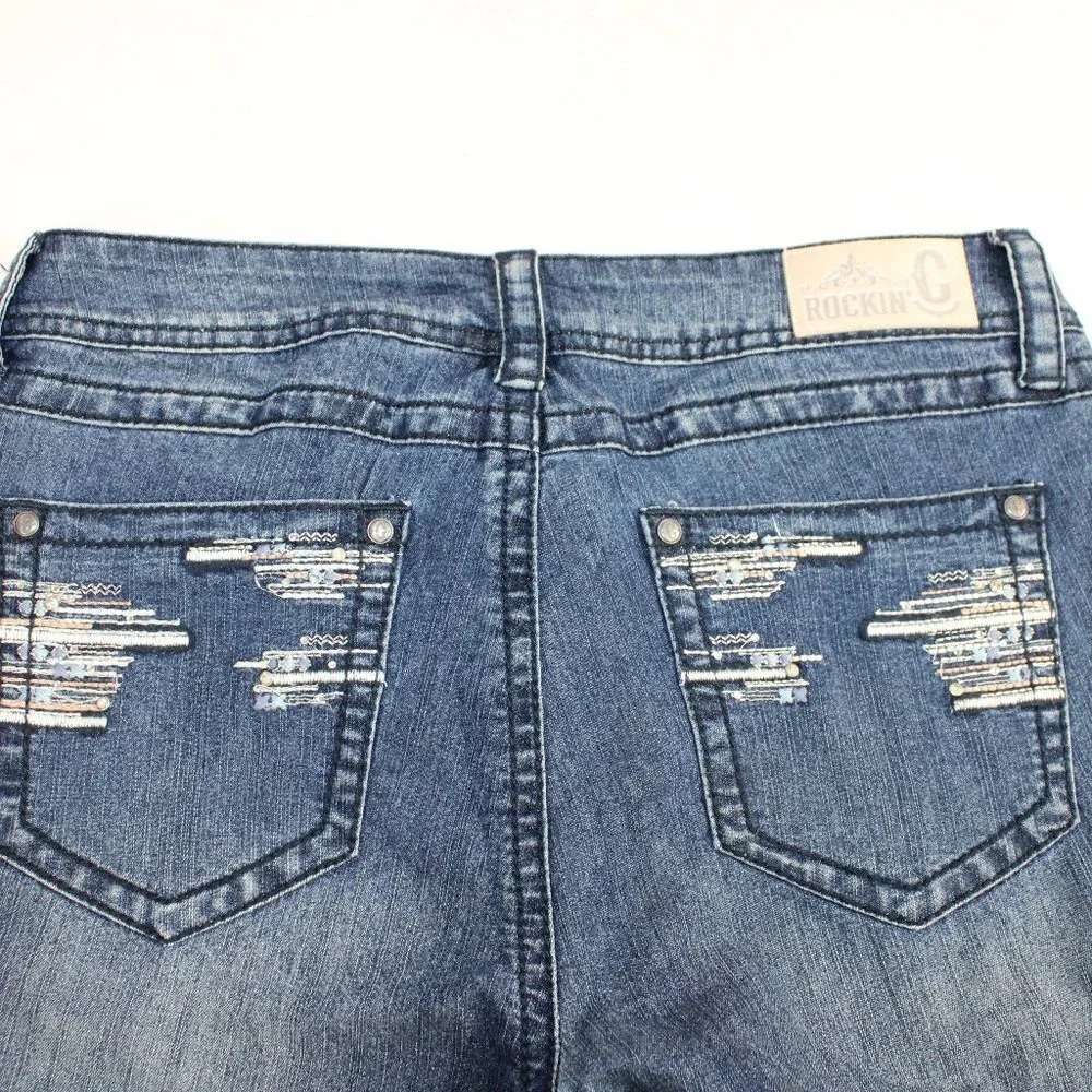 Rockin C Easy Fit Bling Embellished Blue Wash Skinny Jean Size 31 (31/30)